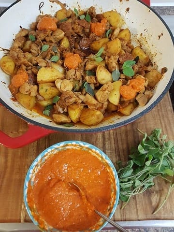 Spanish style chicken and potato with romesco sauce