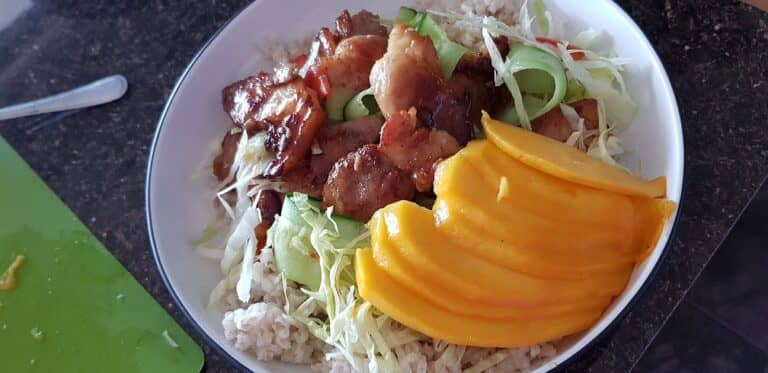 pork bites with brown rice mango