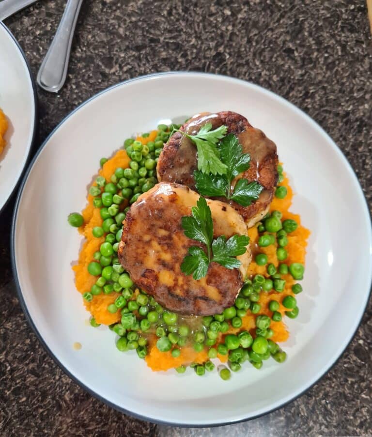 chicken rissoles with sweet potato peas1 scaled